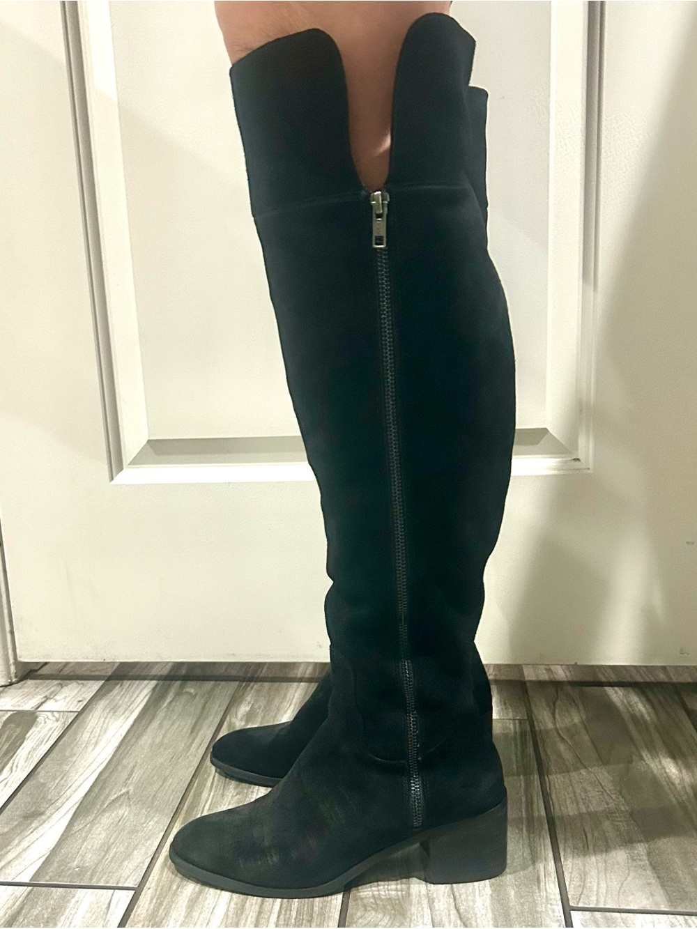 Ganni Bini Black Over-the-Knee Suede Leather Too Zip Boots